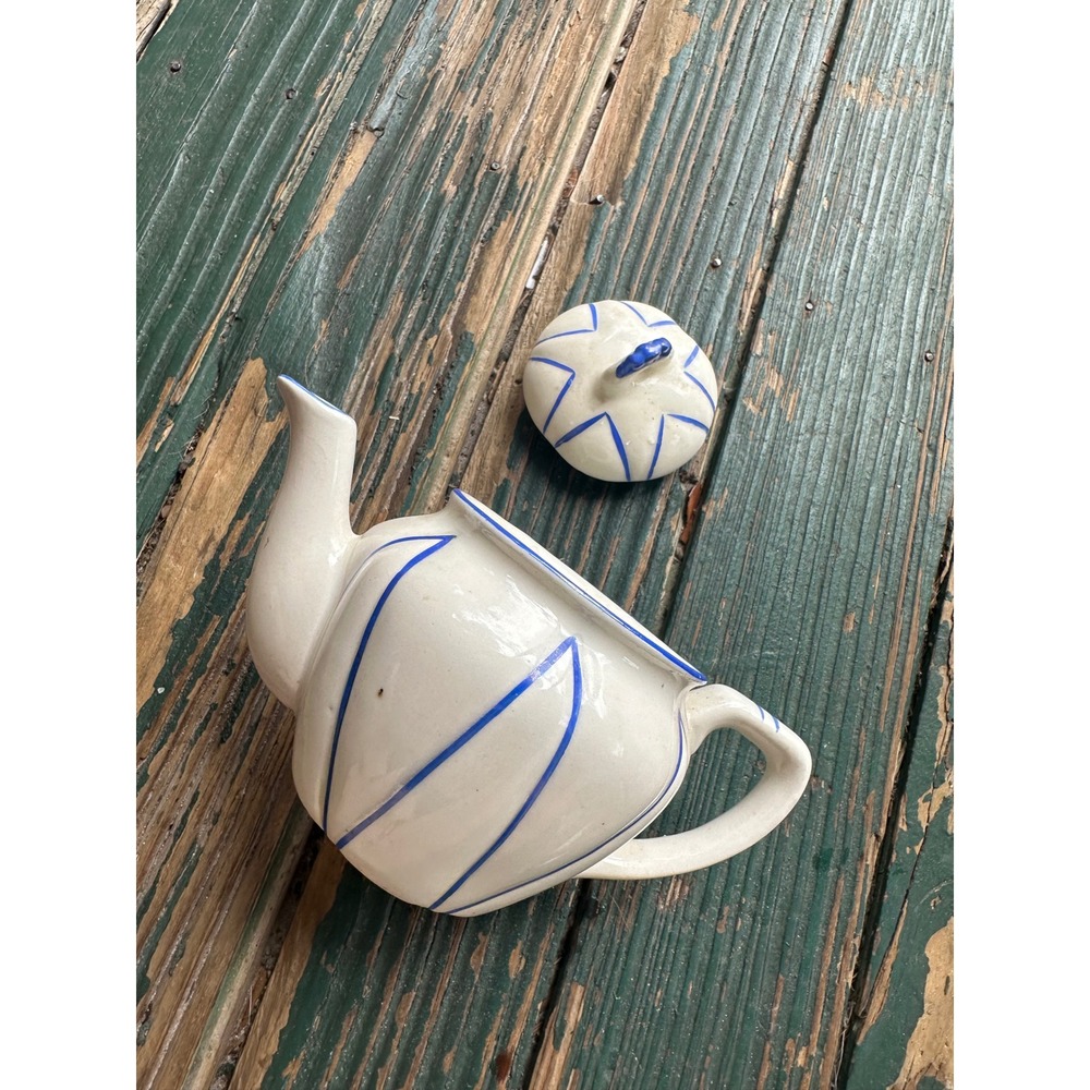 Vintage Czechoslovakia Ceramic Teapot Blue White Striped Hand Painted A3801
